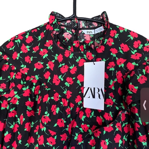 Zara poplin floral ruffle dress xsmall nwt black red - Picture 6 of 10